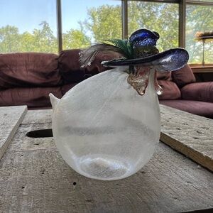 Vintage Rene Burri Blown Glass Hen with Feathered Hat